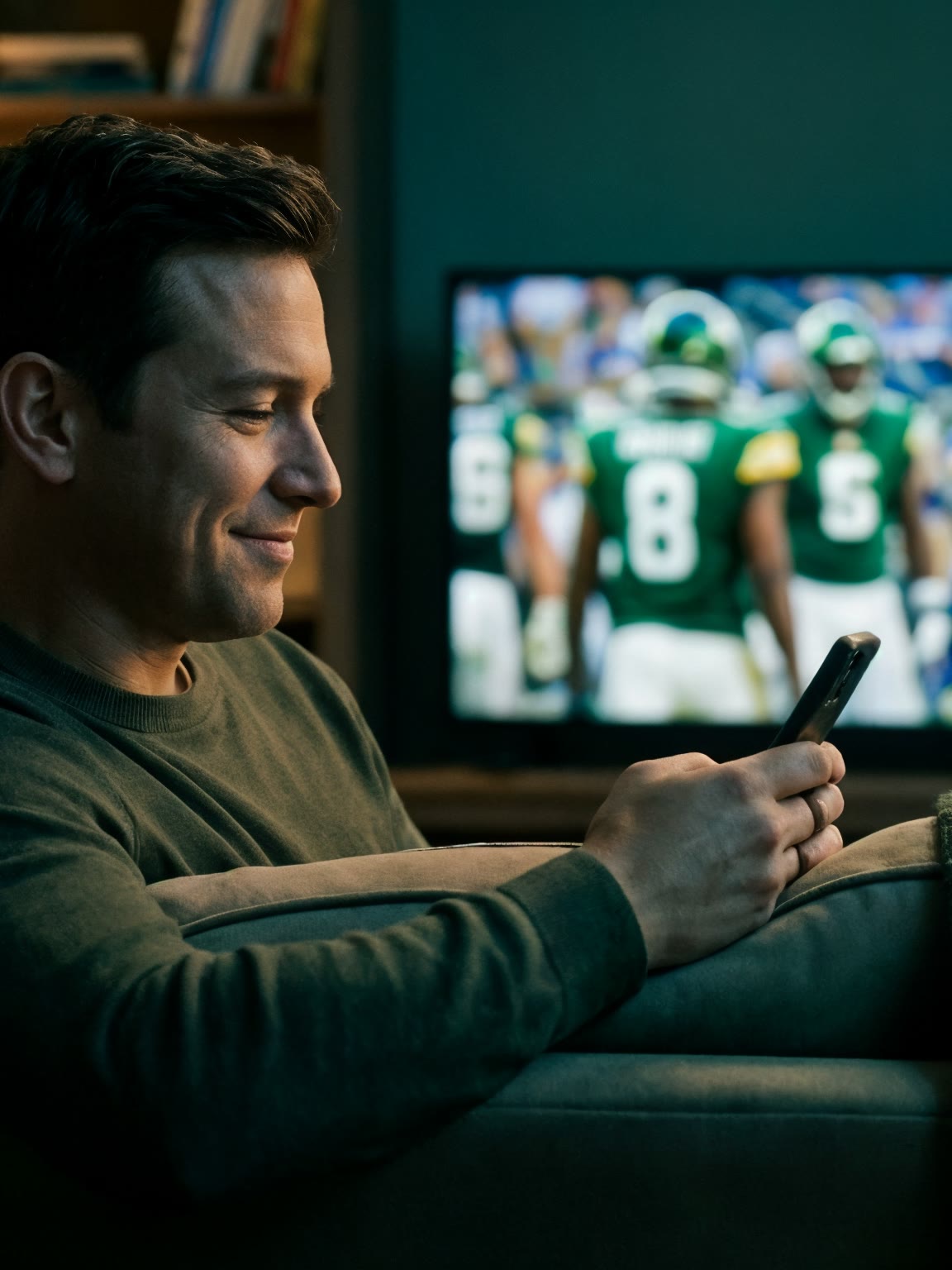 A person seated at home with a phone while a football game plays in the background.